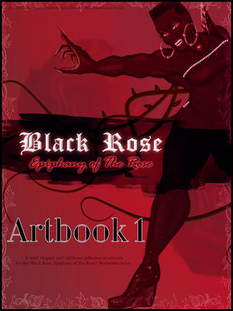 Rose Aretta Azi, "The Black Rose." Standing in a scene of bold red, pointing to the side in a dramatic stance with her vines encompassing her. Roses are behind her in the background. " ARTBOOK 1." By TJB's Dreamscape.