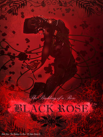Rose Aretta Azi, "The Black Rose" with tears dropping drown her face as she is in a graceful pose with a Black Rose in her hand. "Black Rose: The Budding of a Rose." By TJB's Dreamscape.